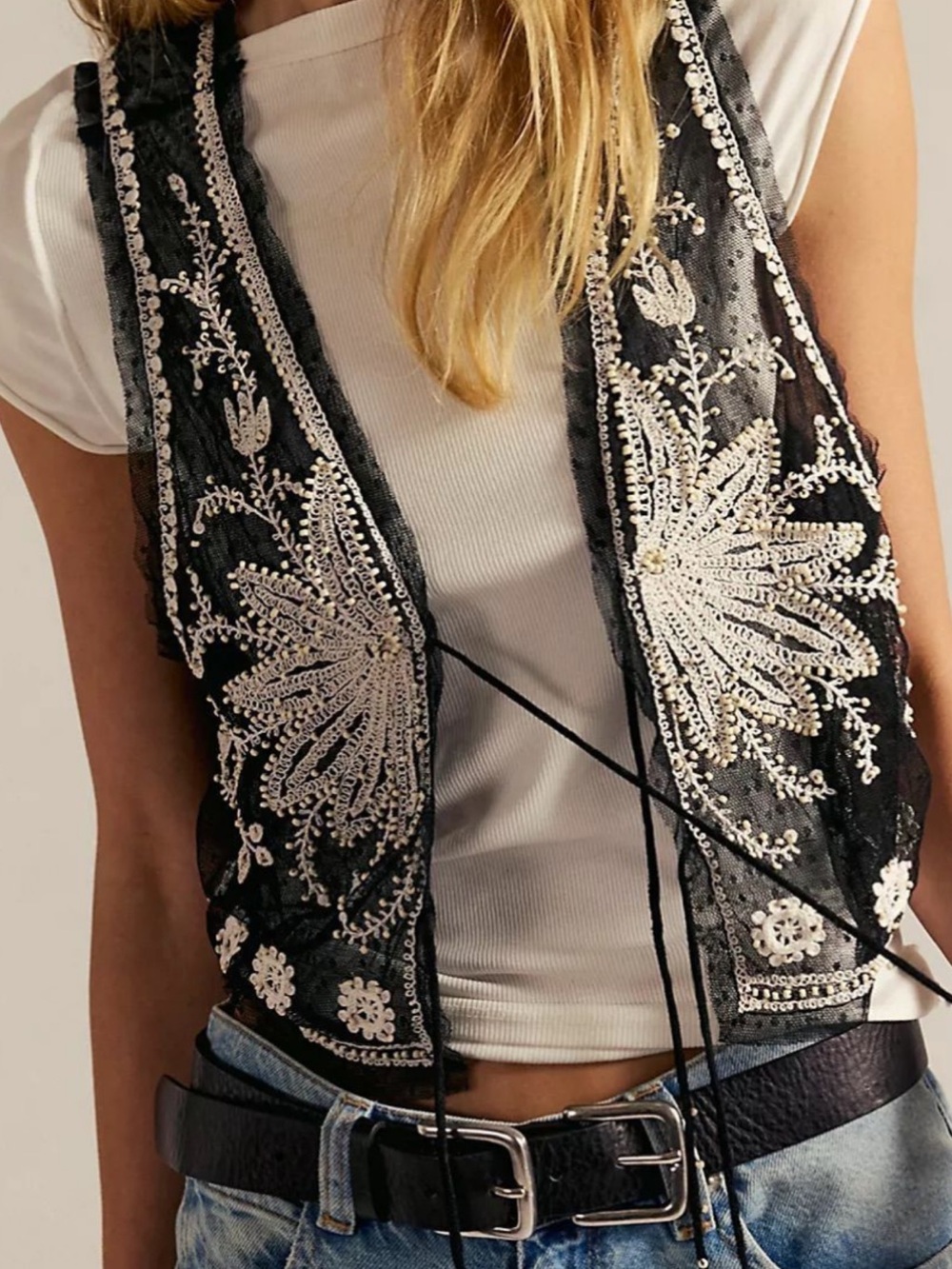 Free People Under The Sun Embroidered Lace Vest with White Detailing Current